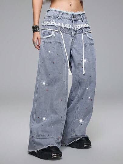 Grunge Punk Jeans taille super basse, coupe ample, style chic streetwear Y2K hip-hop, avec décoration de perles faites à la main et double ceinture