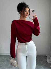 Elenzga Áo cánh dài tay xếp nếp lệch vai mới thu đông dành cho nữ - Màu Đỏ Sâu - Xem 5