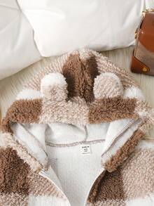 SHEIN Tween Girls' Plaid Reversible Thermal Lined Thick Teddy Jacket With Cute 3D Ear Hood, Casual Autumn/Winter - Brown - View 5