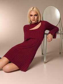 Avantive Women's Elegant Commuter Solid Color Hollow Out Flare Sleeve Knit Dress