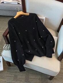 GlowEve CURVE 女士优雅宽松珠饰长袖加大码毛衣，适合婚礼宾客，女士夜间外出装，秋冬季 - 黑色 - 查看 1