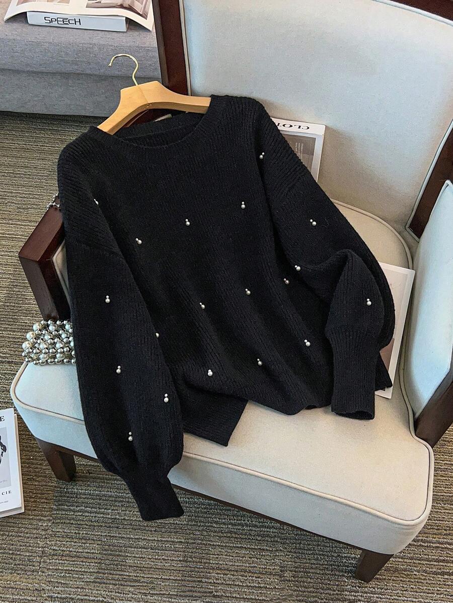 GlowEve CURVE 女士优雅宽松珠饰长袖加大码毛衣，适合婚礼宾客，女士夜间外出装，秋冬季 - 黑色 - 查看 1