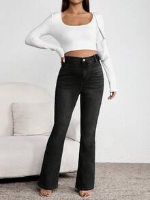 SHEIN 孕妇休闲水洗高腰修身喇叭牛仔裤 - 黑色 - 查看 4