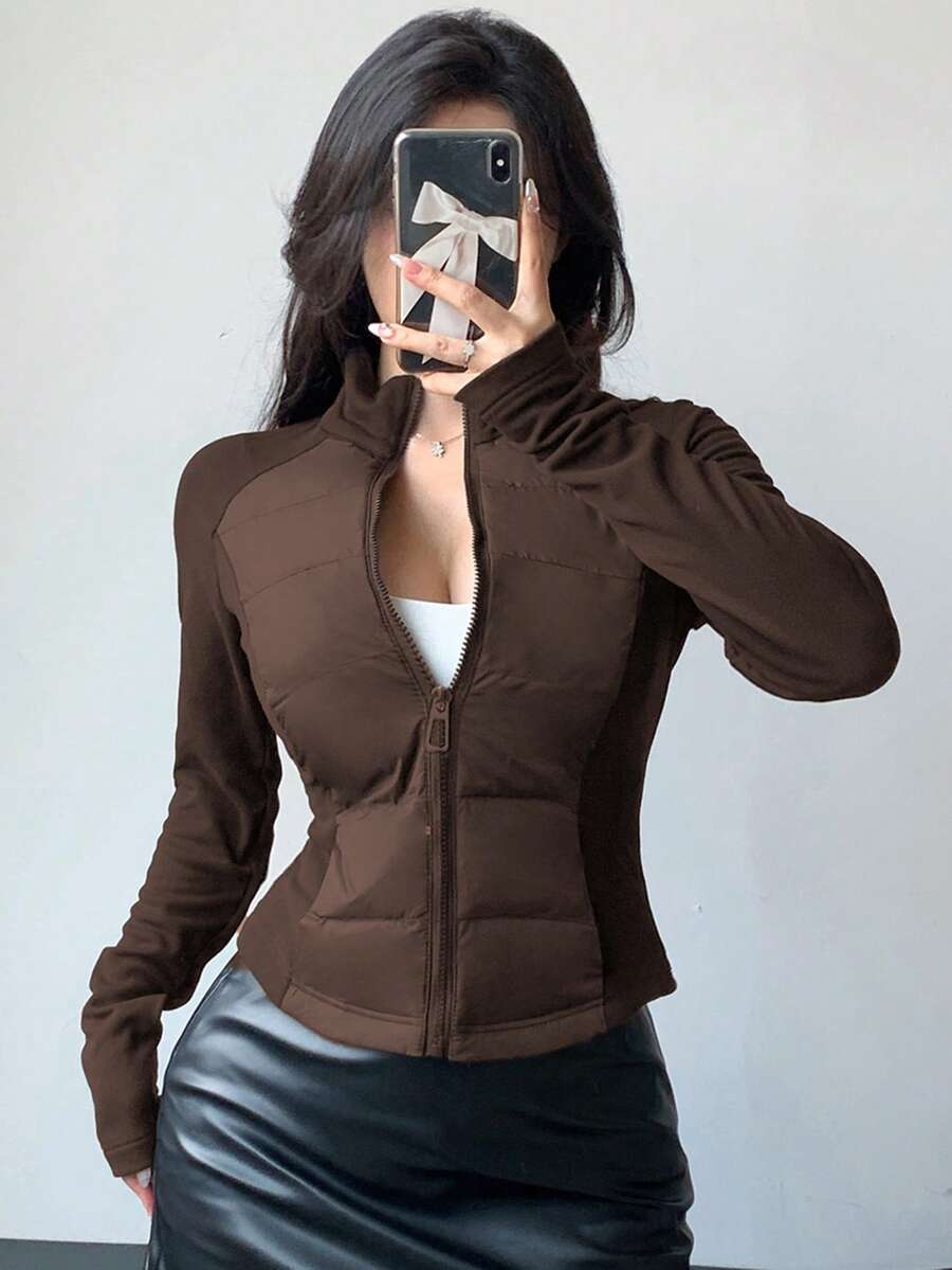 DAZY Áo khoác đệm dáng ôm, cổ đứng, vải chắp vá, tay dài, hở phía trước, thường ngày cho nữ - màu nâu - Xem 1