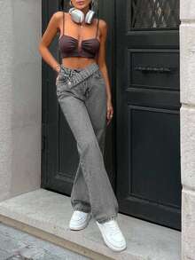 EURMUSE PETITE 100%Cotton Women's Mid-Blue Straight-Leg Jeans - Grey - View 9