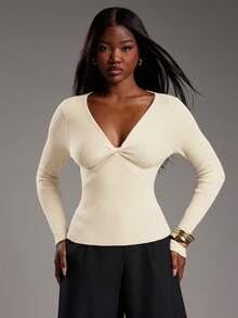 NYA SZN 长袖深V领扭结修身日常休闲商务休闲罗纹针织衫，适合教堂、办公室、教师返校、秋冬季通勤等场合，彰显个性，适合节日穿着。 - 杏色 - 查看 5