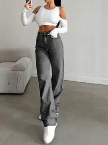 EURMUSE 100%Cotton Straight Leg Jeans Snow Wash - Grey - View 4