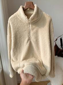 Comfortcana Half Zip Pocket Drop Shoulder Teddy Sweatshirt,Long Sleeve Tops In Fall/Winter - Apricot - View 6
