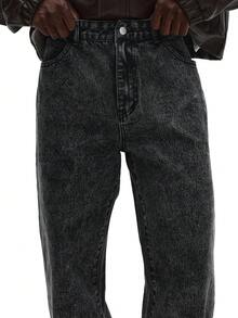 SUMWON Acid Wash Straight Fit Denim Jeans For Streetwear Urban Casual Winter Fall Fashion Plain - Black - View 6