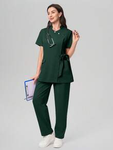 Scrubzie Anti-Wrinkle Short Sleeve Tie-Up Long Shirt And Long Pants Scrub Uniform Set - Dark Green - View 8