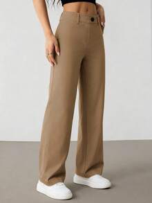 SHEIN PETITE 女式休闲纯色直筒裤 - 棕色 - 查看 5