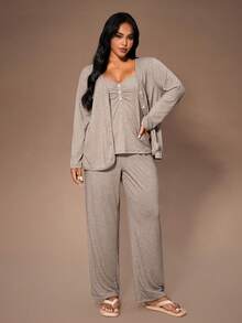 Lazeform Plus Size Solid Color V-Neck Button Decor Casual Knit Robe & Camisole Top & Pants 3 Pieces Pajama Set, Cozy Set, Winter Clothes - Grey - View 4