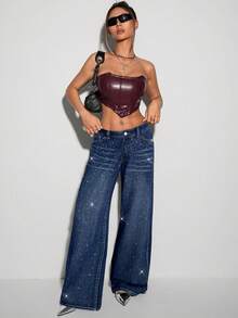 SHEIN ICON 女式低腰口袋水钻装饰宽腿宽松休闲牛仔裤 - 深色水洗藍 - 查看 6