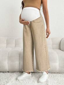 SHEIN Maternity Casual Loose Cropped Jeans With Waistband Patchwork - Apricot - View 5