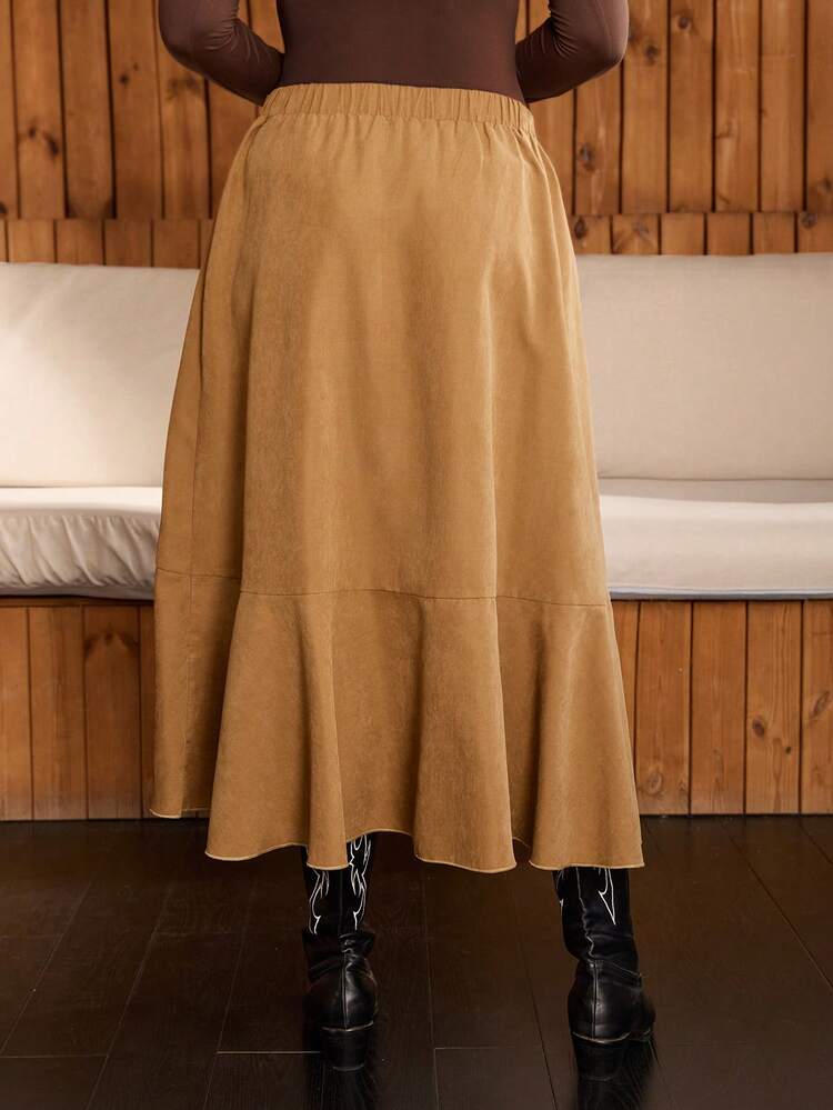 Falda envolvente con volantes de color marrón casual y cómoda para mujer de talla grande, para otoño e invierno, estilo campestre, para concierto country, larga y de color marrón para mujer de estilo campestre, para concierto country