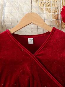 SHEIN Tween Girl Elegant V-Neck Long Sleeve Velvet Glitter Christmas Holiday Waist Cinched Midi Dress - Red - View 3