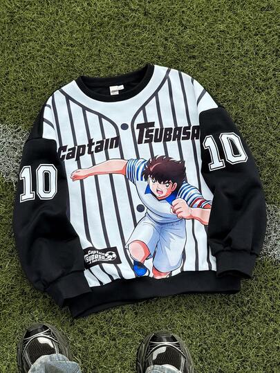 Captain Tsubasa X SHEIN Tween Boys' Cool Sports Football Graphic Striped Contrast Color Patchwork Number Oversized Drop Shoulder Sweatshirt Y2k Sweat Shirts Kids Baseball Clothes Kids