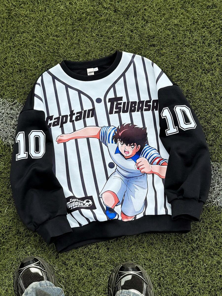 Captain Tsubasa X SHEIN Tween Boys' Cool Sports Football Graphic Striped Contrast Color Patchwork Number Oversized Drop Shoulder Sweatshirt Y2k Sweat Shirts Kids Baseball Clothes Kids