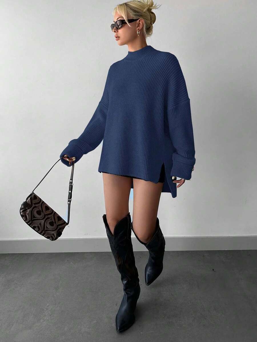 女士休闲简约纯色前短后长毛衣，秋冬 - 藍色 - 查看 1