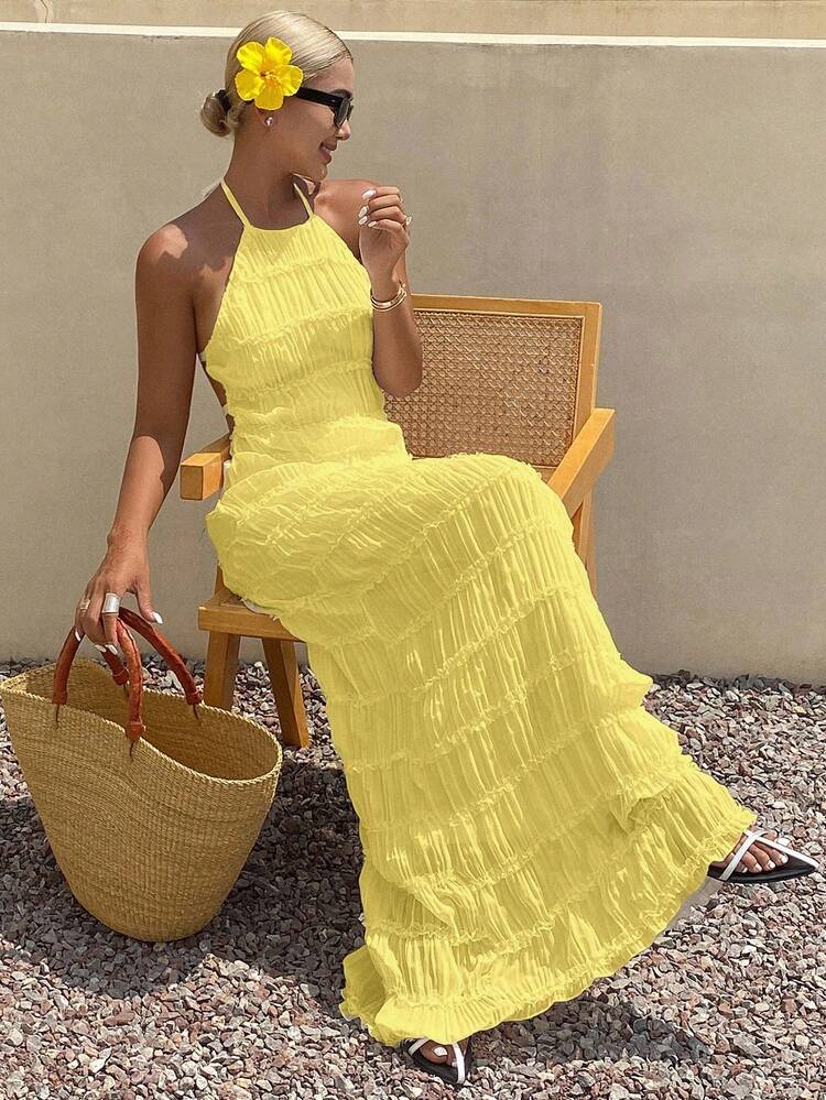 Vacation Style Tie-Up Halter Dress For Women Sundress Cruise Outfit For Women