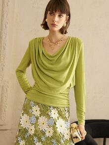 SHEIN LUNE Women's Gold-Stamped Knitted Fabric, Straight Shoulder, Slim Waist, Swing Neckline Design, Modern Pleated Elegant Dating Top For  , Autumn And Winter - Green - View 1