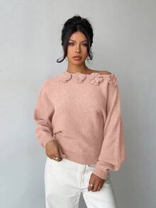 Elenzga كنزة نسائية أنيقة بتصميم أزهار وزخارف من الراين، كتف غير متماثل، لون أحادي - وردي - مشاهدة 4