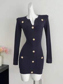 GlowEve Vestido de punto francés ajustado con diseño de botones y cuello en V de unicolor para mujer - Azul Marino - Ver 1
