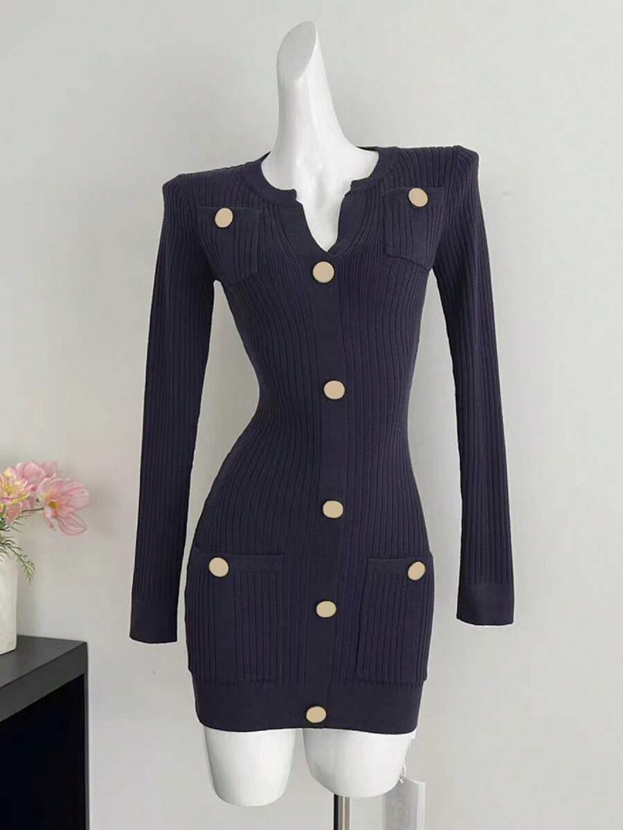 GlowEve Vestido de punto francés ajustado con diseño de botones y cuello en V de unicolor para mujer - Azul Marino - Ver 1