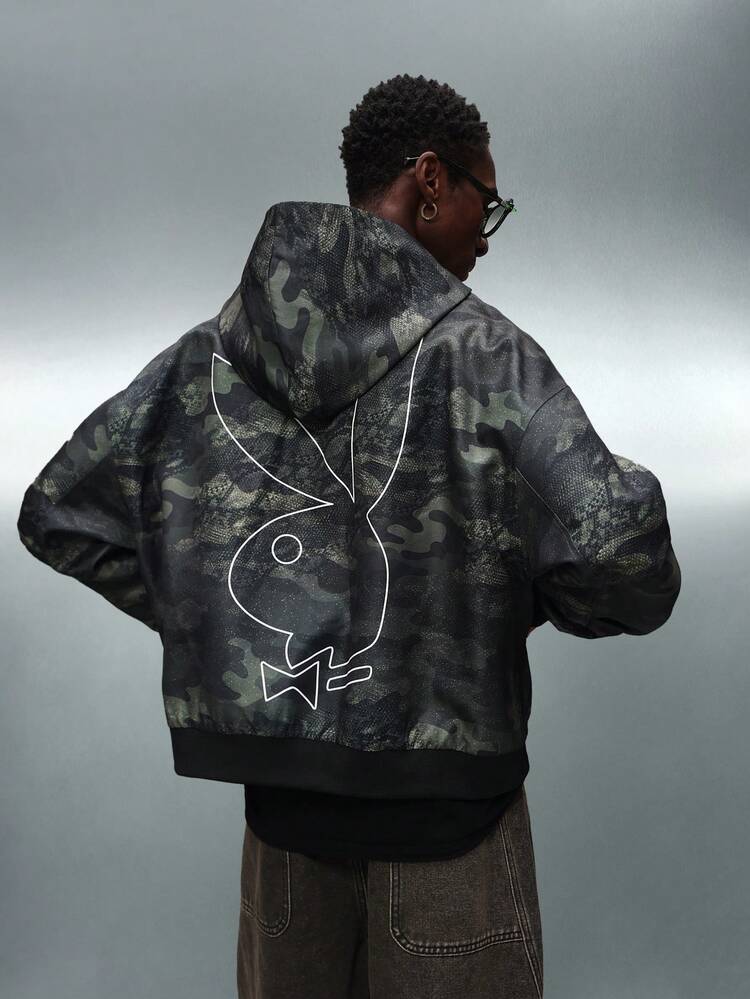 PLAYBOY X SUMWON Veste à capuche courte camouflage avec fermeture éclair et grand logo imprimé pour le streetwear casual d'hiver