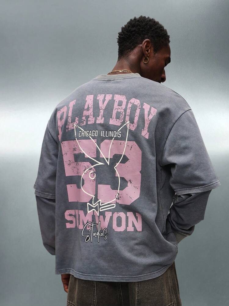 PLAYBOY X SUMWON Men Oversized Layered Sleeve Graphic Tee Chicago Crewneck T-Shirt Vintage Streetwear Top