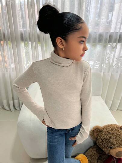 Camiseta de malha com gola alta grossa para meninas pré-adolescentes, versátil, casual e moderna