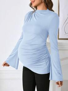 SHEIN Maternity Casual Stand Collar Bell Sleeve T-Shirt, Brown, Fitted Pregnancy Top Nursing Top Maternity Tops Baby Blue Top Women Baby Blue Tops Blue Long Sleeve Top - Baby Blue - View 6