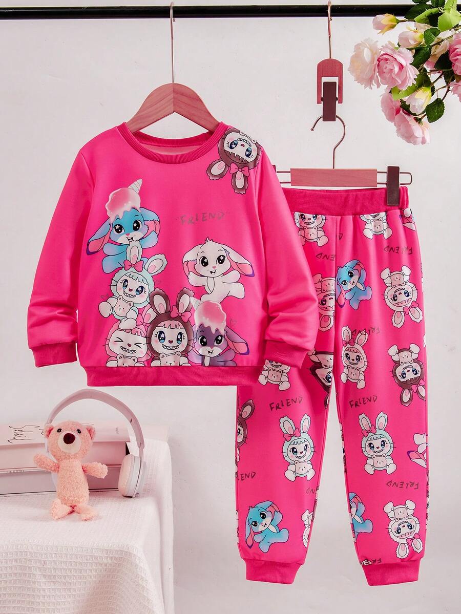 SHEIN 2pcs/Set Young Girl' Cute Cartoon Blue Rabbit Lulu Print Pullover Sweatshirt And Pants, Fall/Winter New Arrival, Versatile For Layering, Casual & Fashionable - Hot Pink - View 1