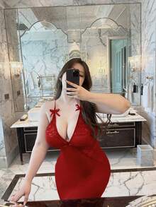 Flirla Robe moulante sexy grande taille avec col en V, patchwork en dentelle, décoration nœud, manches chauve-souris, affinante et mettant la taille en valeur - Rouge - Voir 9