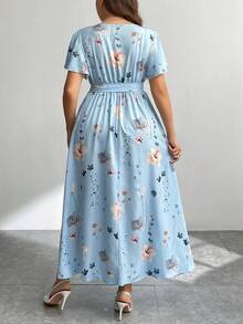 Firerie Plus Size Summer Loose V-Neck Asymmetric Hem Random Print Open Slit Belted Ladies Dress,Beach Dress Sundress,Holiday Outfits Boho Spring - Baby Blue - View 2