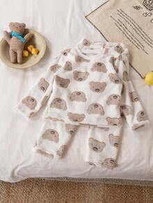 Genkimix Kids 4pcs Young BoyBear Graphic Plush Thick Print Pajama Set, Long Pants & Long Sleeve, Autumn/Winter - Brown - View 6