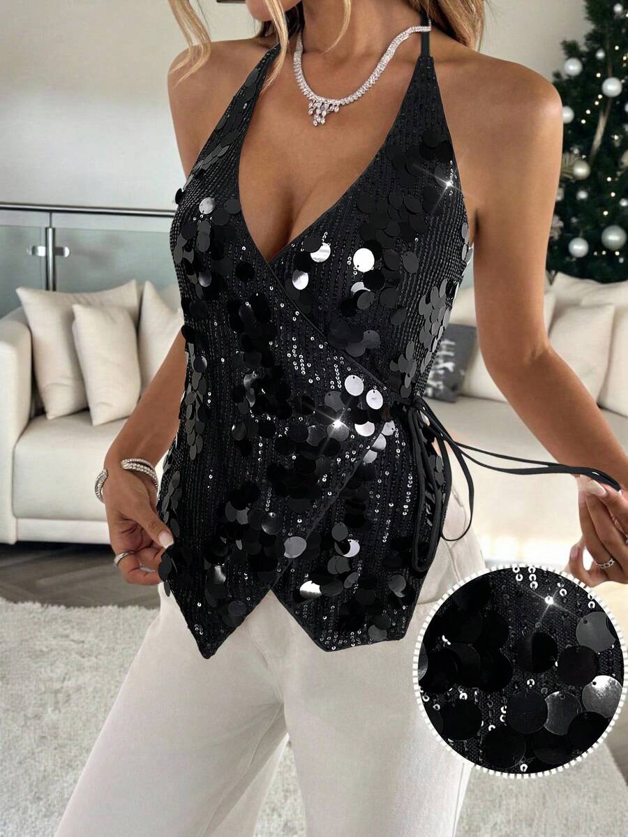 SHEIN LUNE Áo ba lỗ quấn sequin dự tiệc quyến rũ dành cho nữ - màu đen - Xem 1