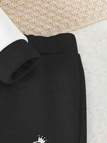 2件套女童撞色拼接连帽拉链卫衣和抽绳裤套装，秋冬季 - 黑色 - 查看 4