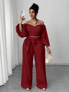 Maweii 2pcs Plus Size Casual Tie Bow Puff Sleeve Set - Red - View 5