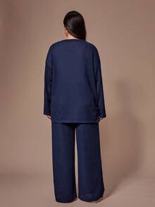 Lazeform Bộ đồ ngủ tay dài dệt kim Jacquard cổ tròn cài nút cỡ lớn, quần áo mùa đông - Màu xanh hải quân - Xem 2