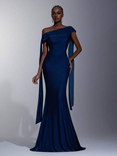 Elitara Elegant And Glamorous Deep Blue, Stretch Knit, Off-The-Shoulder Design With Flowing, Gathered, Fitted Mermaid Skirt And A Short Train. Suitable For Weddings, Bachelor/Bachelor Parties, Vacations, Proms, And Bridesmaid Dresses (Adults).