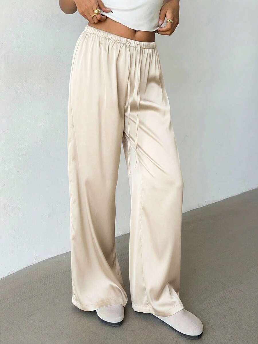 Aloruh Váy dài cạp trễ màu be marl bằng vải satin cổ điển đơn giản dành cho nữ - Màu be - Xem 1