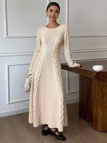 Livesso 女式秋季收腰圆领修身露背系带毛衣裙 - 杏色 - 查看 4