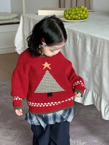 DAZY Sweater Lengan Panjang Leher Bulat Motif Blok Warna untuk Balita Perempuan, Tema Natal, Musim Gugur/Musim Dingin, Tahun Baru - Merah - View 7