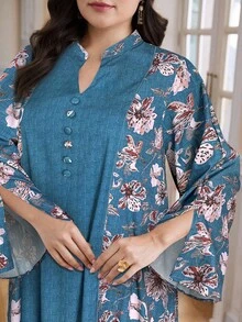 Al Najma 大码女式花卉印花长袖纽扣设计 V 领宽松阿拉伯风格长裙 - 墨綠色 - 查看 4