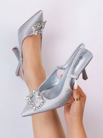 Sandalias de tacón alto con puntera puntiaguda y rhinestones, tacones de aguja huecos para mujer para fiestas, escenario, diseño de puntera francesa con rhinestones completos para el Día de San Valentín