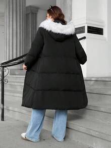Easura Plus Size Long Sleeve Hooded + Detachable Fur Collar Long Padded Coat - Black - View 2