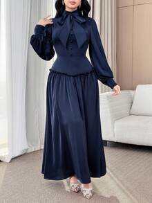 Feyla Damen elegantes Partykleid Einfarbig mit Schleifen-Kragen - marineblau - Übersicht 4