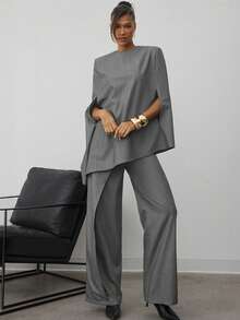 Hauture 女士性感办公室休闲垫肩不对称下摆商务连衣裙 - 灰色 - 查看 1