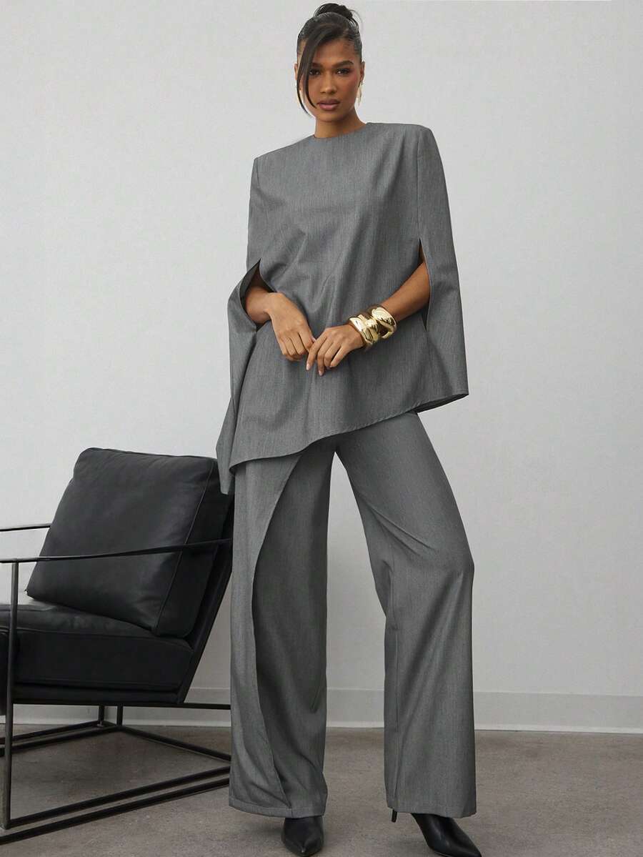 Hauture 女士性感办公室休闲垫肩不对称下摆商务连衣裙 - 灰色 - 查看 1